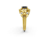Yellow gold Fancy Black Asscher Cut Halo Milgrain Diamond Engagement Ring with Leaf Band and Four-Prong Setting_2