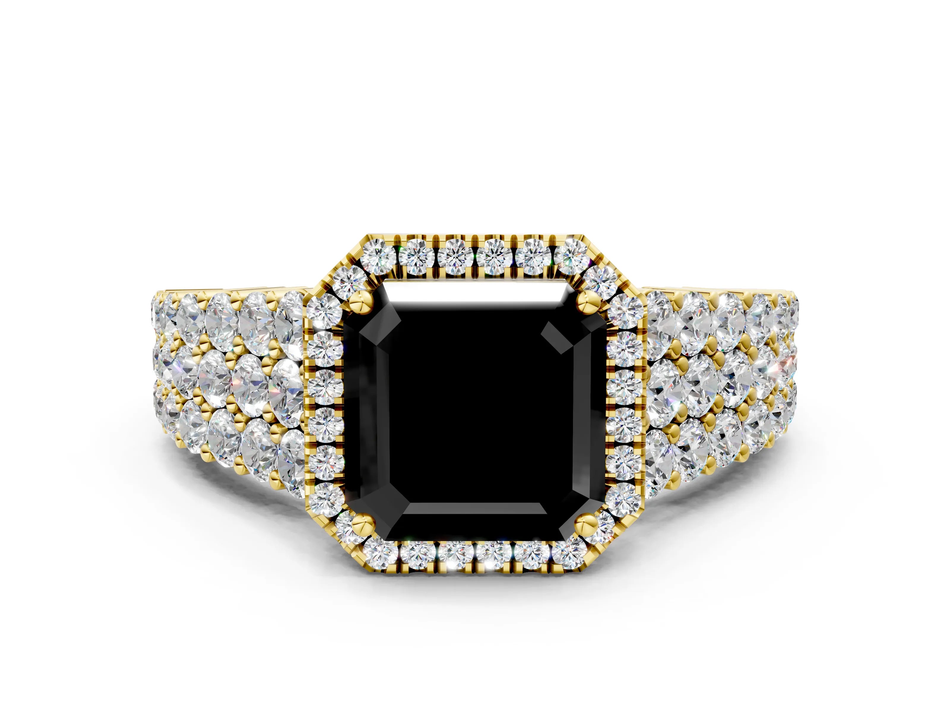 Yellow gold Fancy Black Asscher Cut Halo Pavé Diamond Engagement Ring with Split Shank and Four-Prong Setting_3