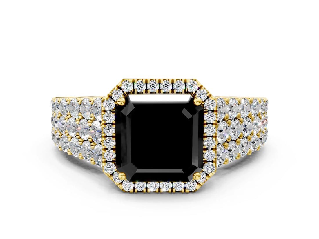 Yellow gold Fancy Black Asscher Cut Halo Pavé Diamond Engagement Ring with Split Shank and Four-Prong Setting_3
