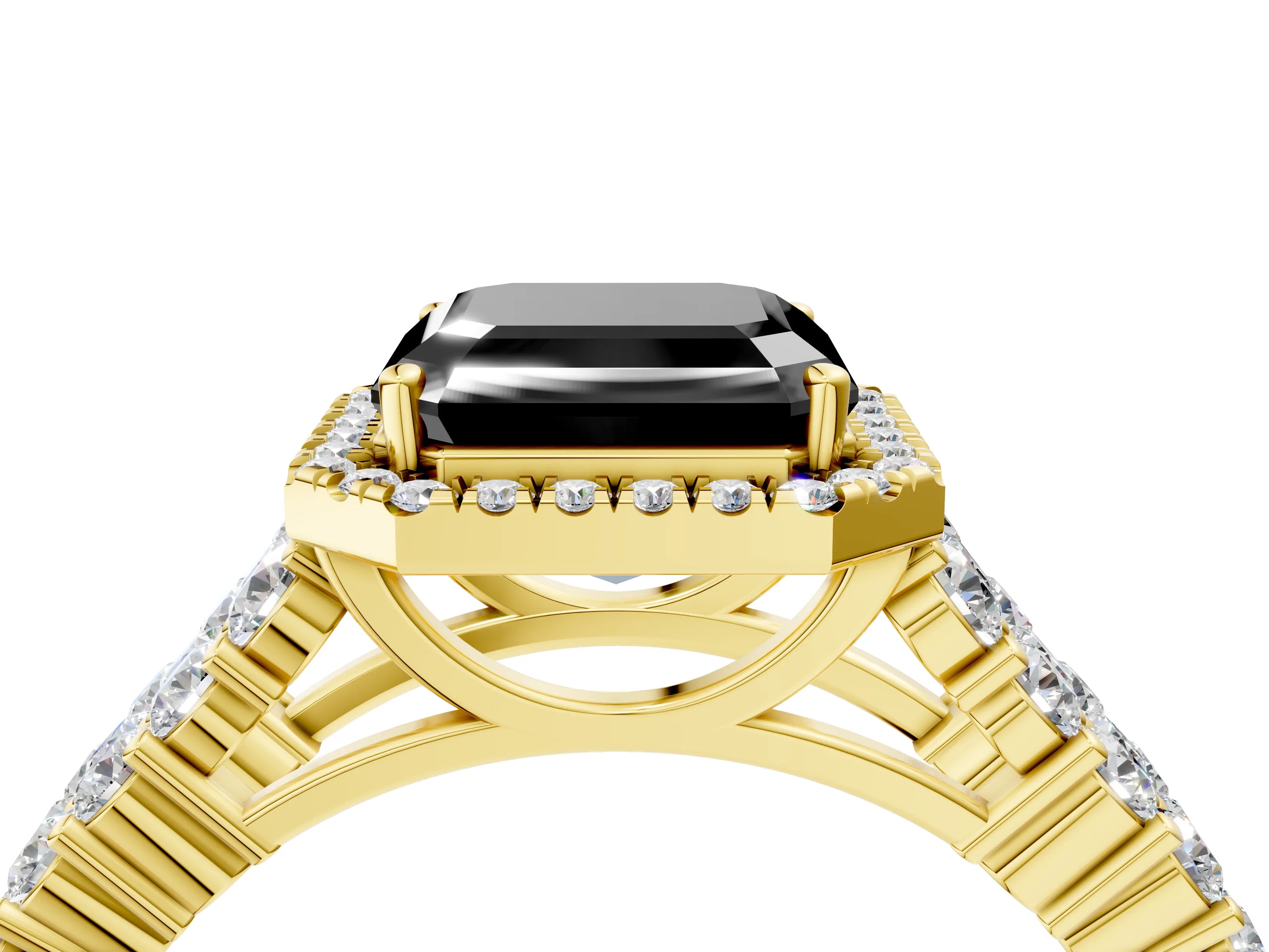 Yellow gold Fancy Black Asscher Cut Halo Pavé Diamond Engagement Ring with Split Shank and Four-Prong Setting_7