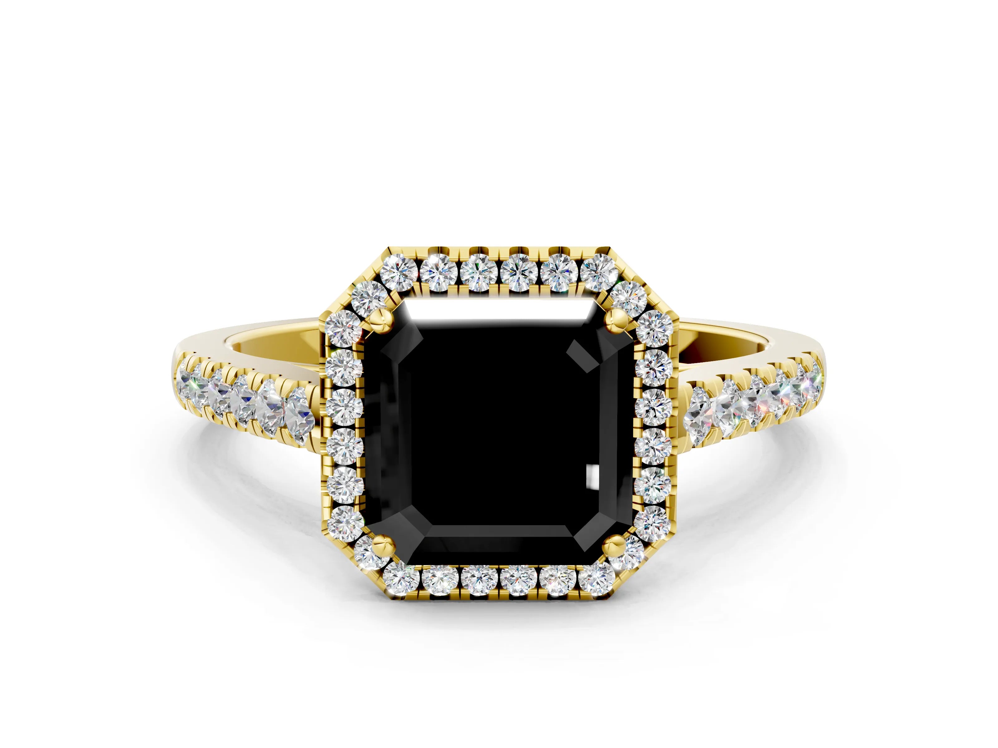 Yellow gold Fancy Black Asscher Cut Halo Pave Diamond Engagement Ring with Four-Prong Setting