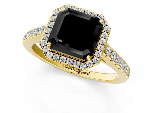 Yellow gold Fancy Black Asscher Cut Halo Pave Diamond Engagement Ring with Four-Prong Setting_1