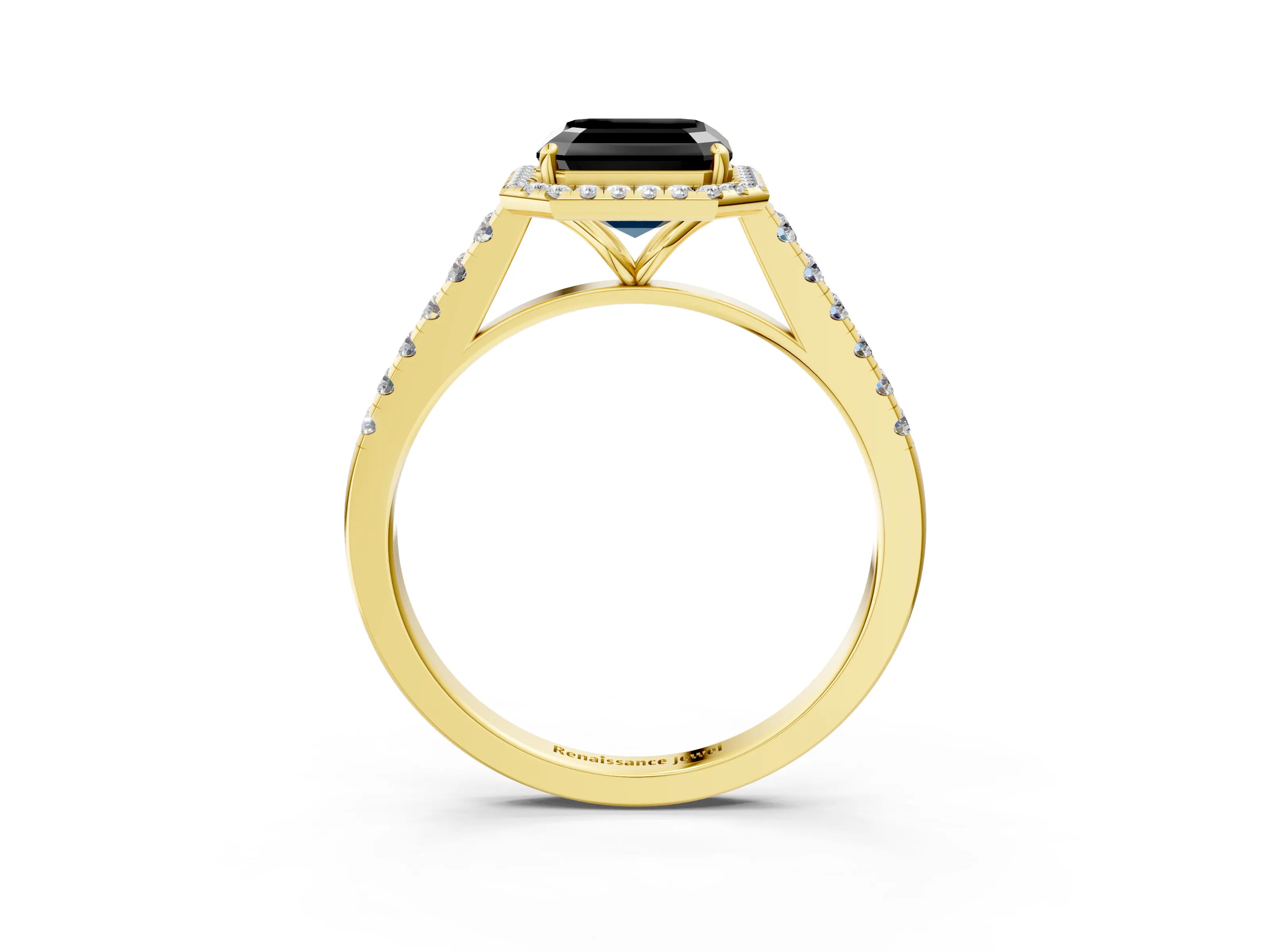 Yellow gold Fancy Black Asscher Cut Halo Pave Diamond Engagement Ring with Four-Prong Setting_3