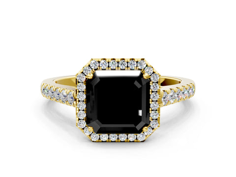 Yellow gold Fancy Black Asscher Cut Halo Pave Diamond Engagement Ring with Four-Prong Setting