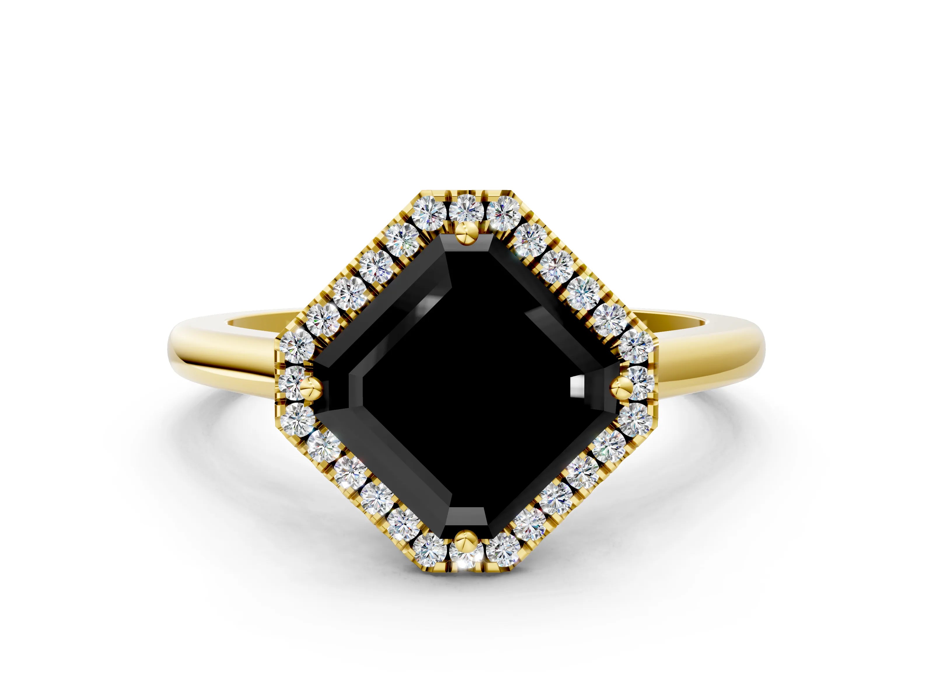 Yellow gold Fancy Black Asscher Cut Halo Round Diamond Solitaire Engagement Ring with Pave Band and Four-Prong Setting_12