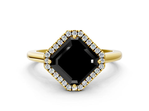 Yellow gold Fancy Black Asscher Cut Halo Round Diamond Solitaire Engagement Ring with Pave Band and Four-Prong Setting_12
