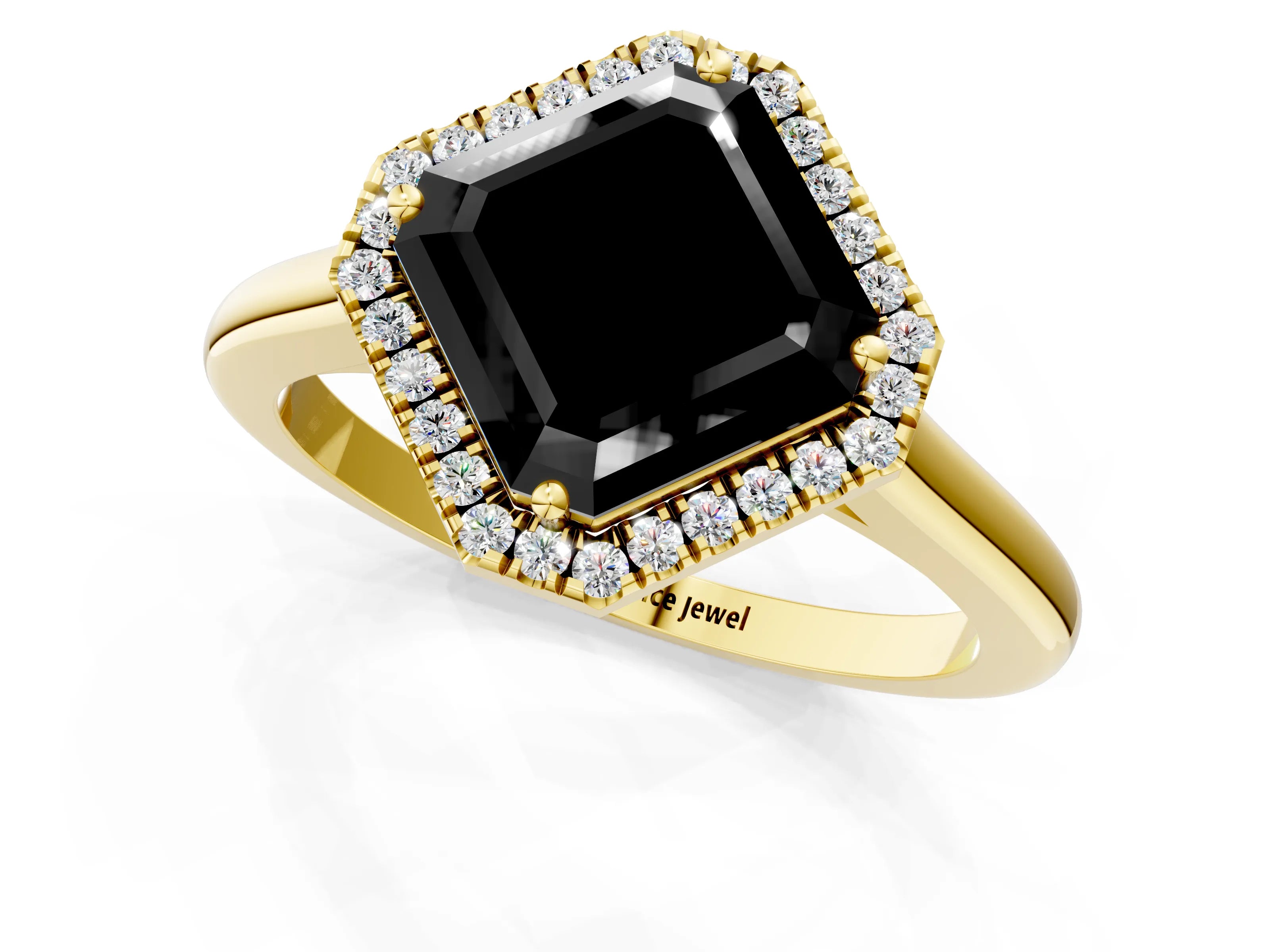 Yellow gold Fancy Black Asscher Cut Halo Round Diamond Solitaire Engagement Ring with Pave Band and Four-Prong Setting_13