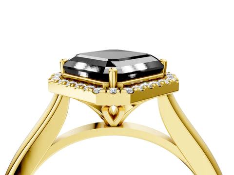 Yellow gold Fancy Black Asscher Cut Halo Round Diamond Solitaire Engagement Ring with Pave Band and Four-Prong Setting_16