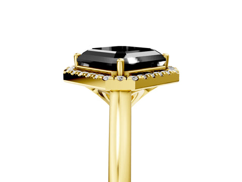 Yellow gold Fancy Black Asscher Cut Halo Round Diamond Solitaire Engagement Ring with Pave Band and Four-Prong Setting_17