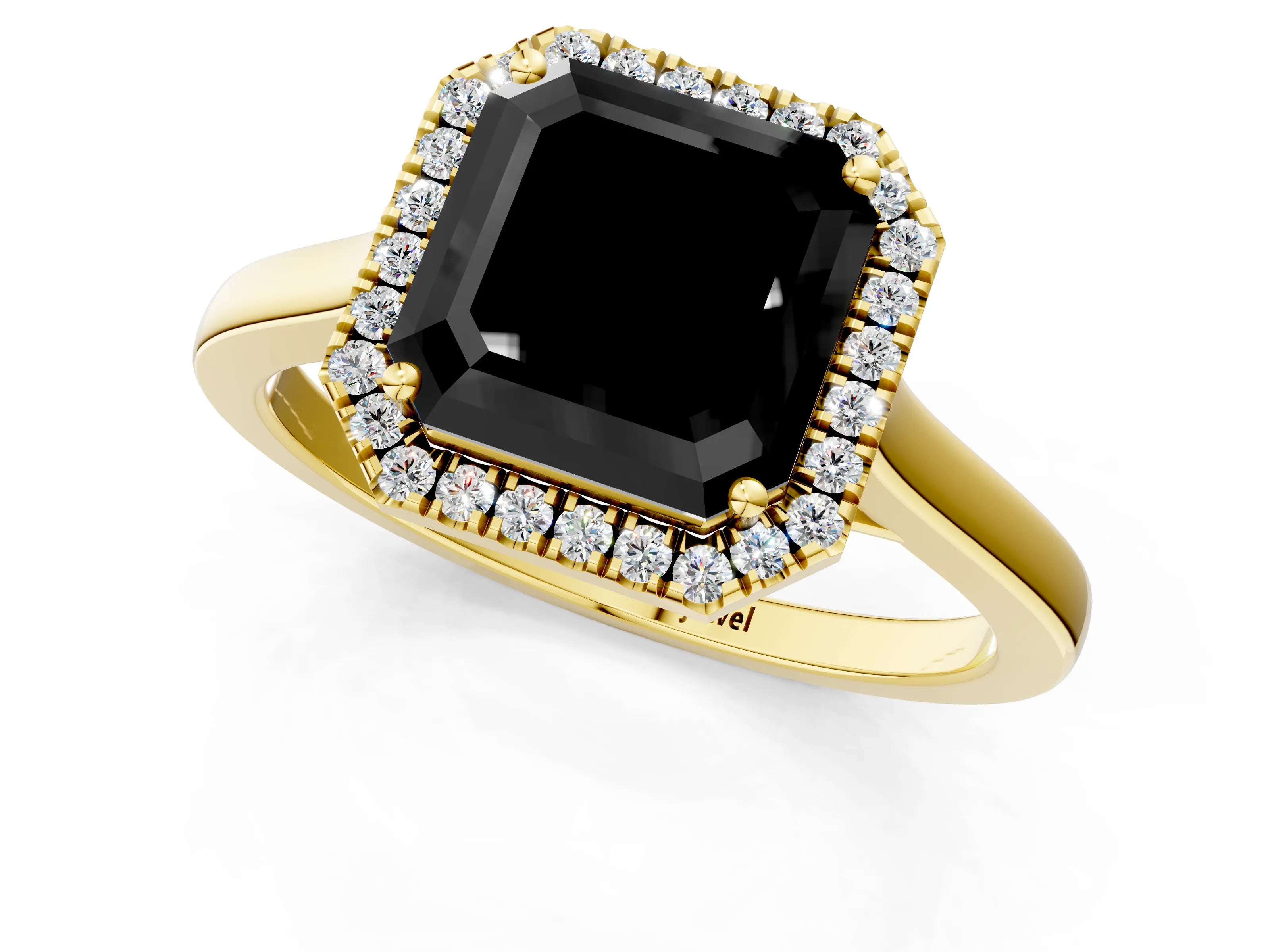 Yellow gold Fancy Black Asscher Cut Halo Round Diamond Solitaire Ring with Pavé Band and Four-Prong Setting_1