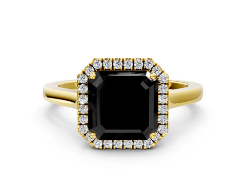 Yellow gold Fancy Black Asscher Cut Halo Round Diamond Solitaire Ring with Pavé Band and Four-Prong Setting_12