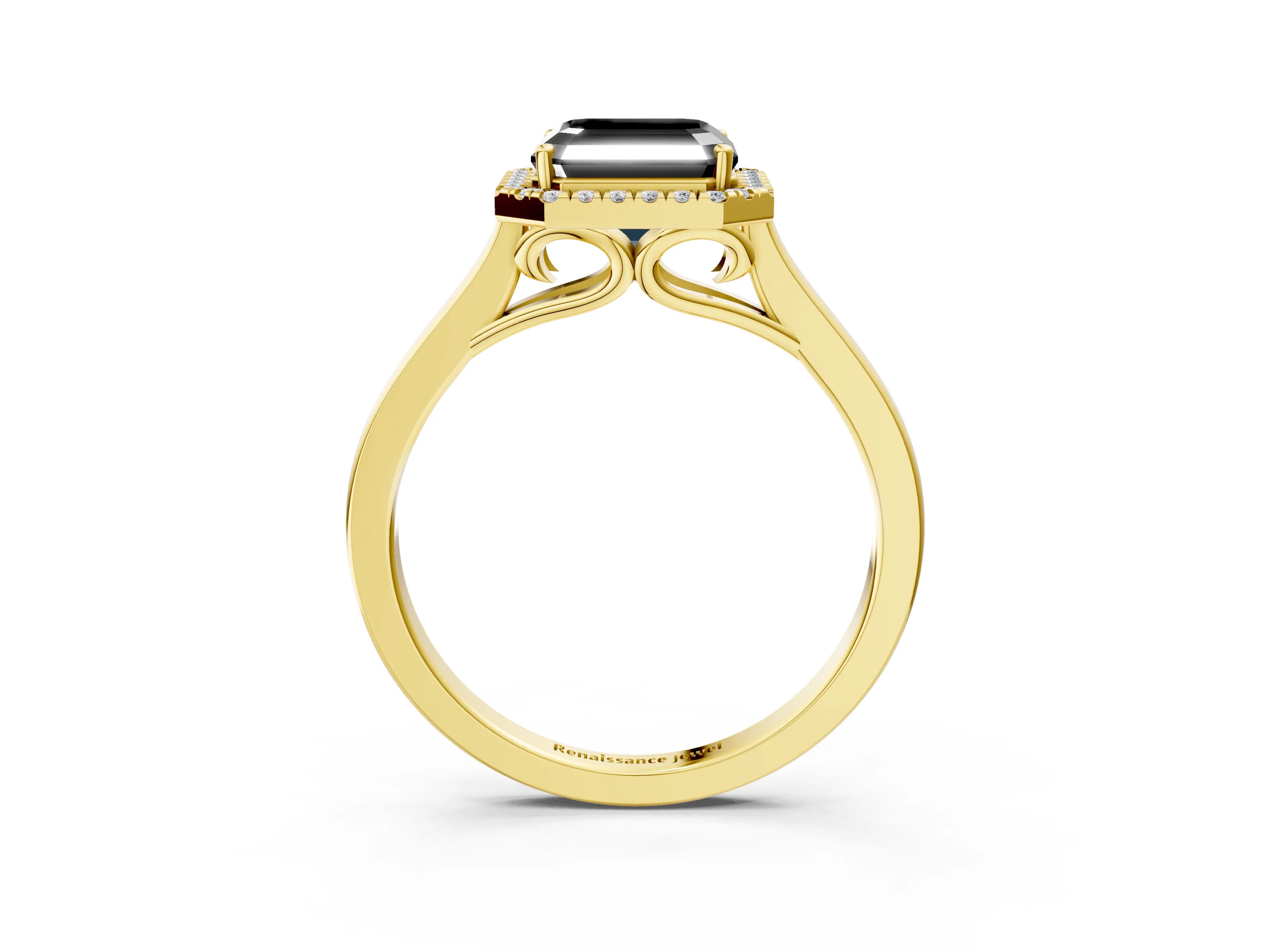 Yellow gold Fancy Black Asscher Cut Halo Round Diamond Solitaire Ring with Pavé Band and Four-Prong Setting_3