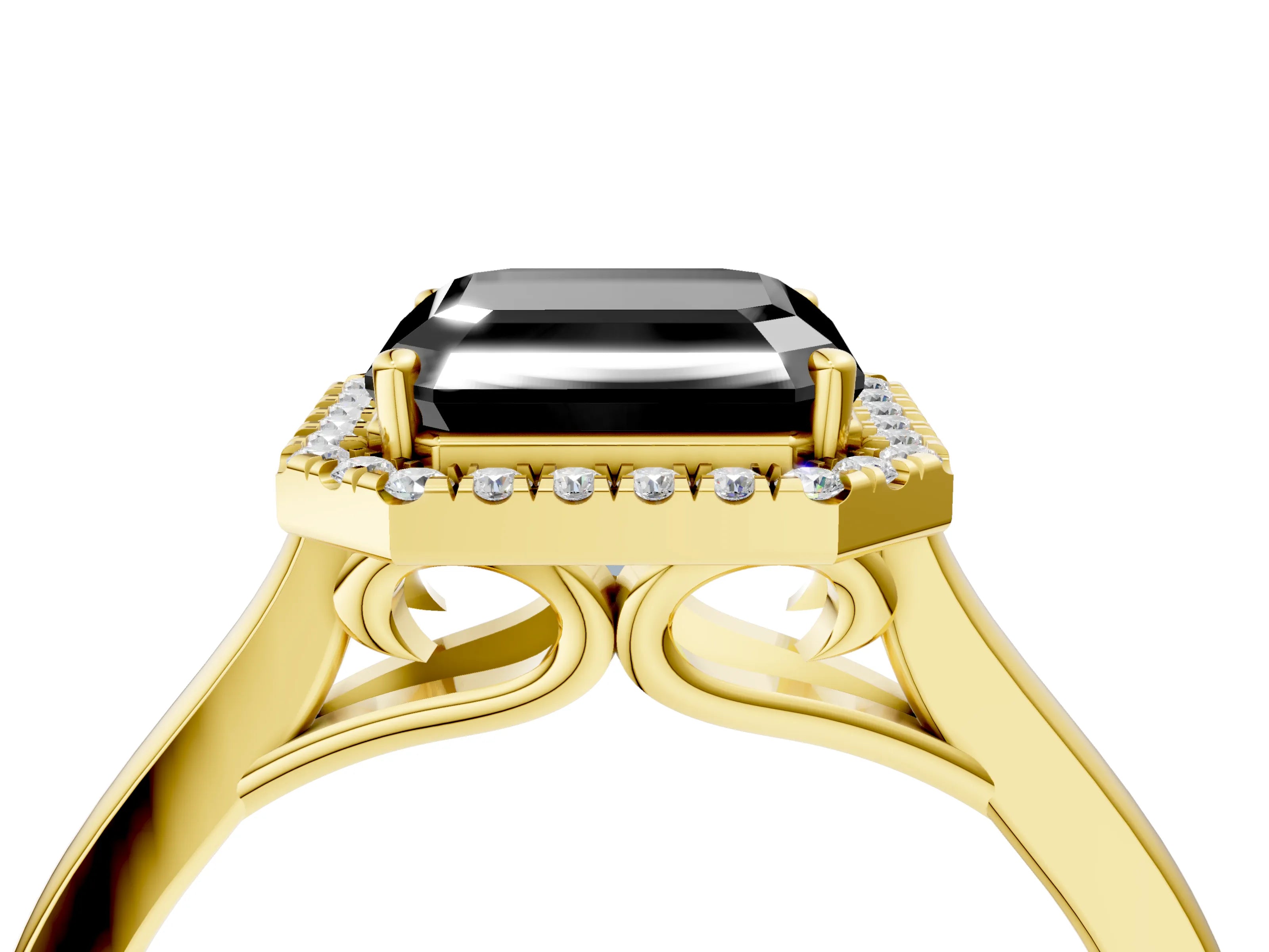 Yellow gold Fancy Black Asscher Cut Halo Round Diamond Solitaire Ring with Pavé Band and Four-Prong Setting_4