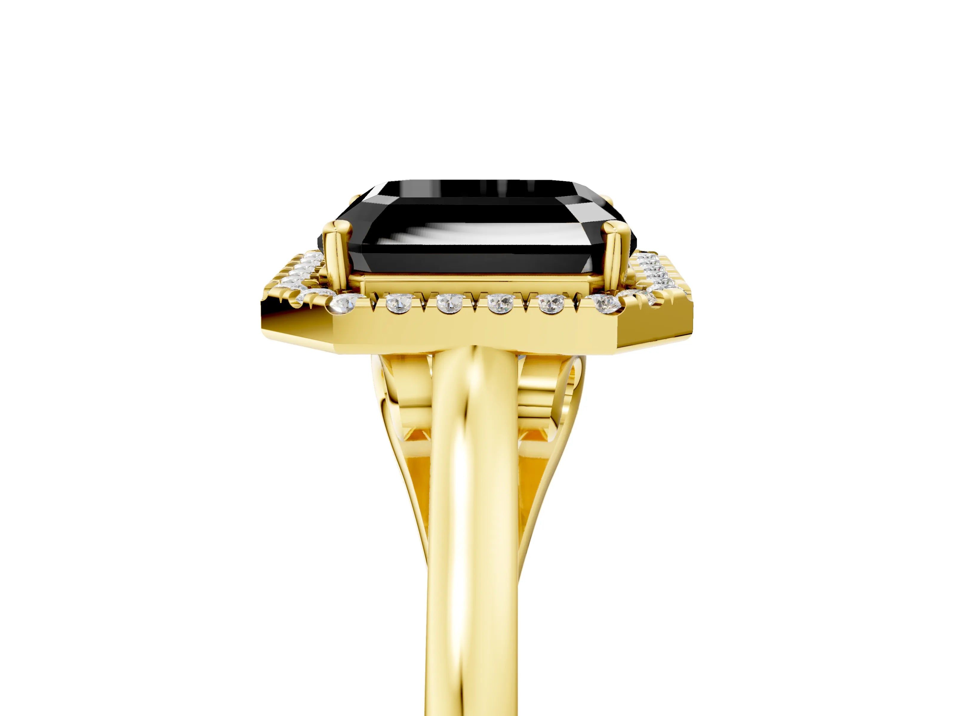 Yellow gold Fancy Black Asscher Cut Halo Round Diamond Solitaire Ring with Pavé Band and Four-Prong Setting_5