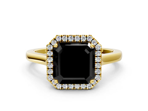 Yellow gold Fancy Black Asscher Cut Halo Round Diamond Solitaire Ring with Pavé Band and Four-Prong Setting