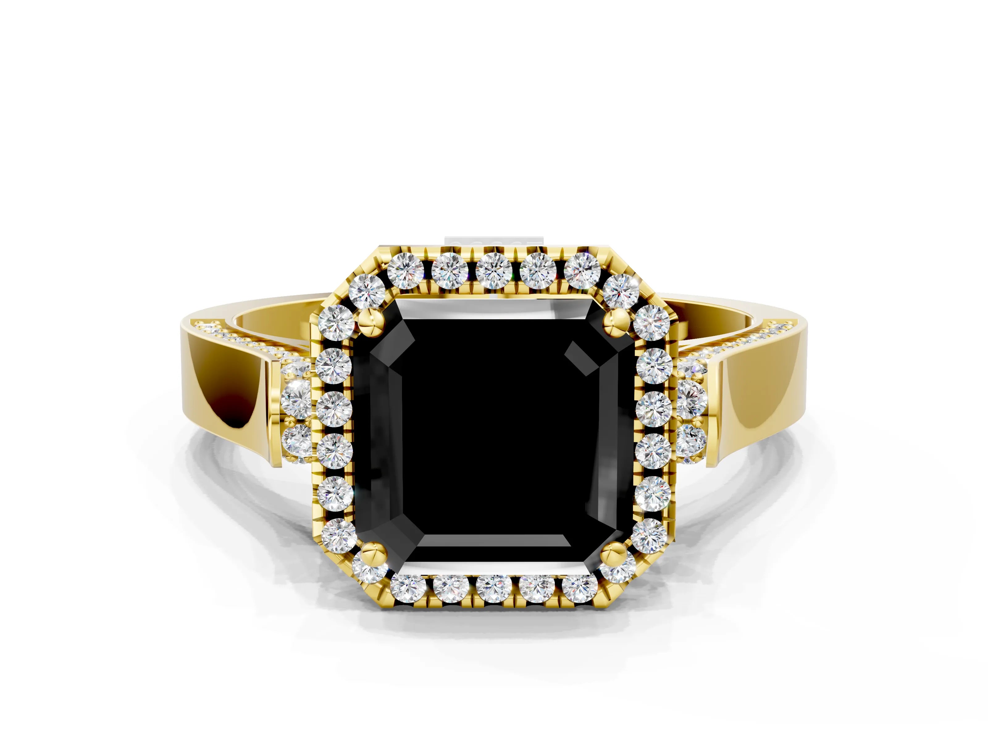 Yellow gold Fancy Black Asscher Cut Halo Round Diamond Twist Band with Four-Prong Setting