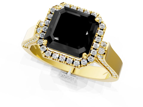 Yellow gold Fancy Black Asscher Cut Halo Round Diamond Twist Band with Four-Prong Setting_1