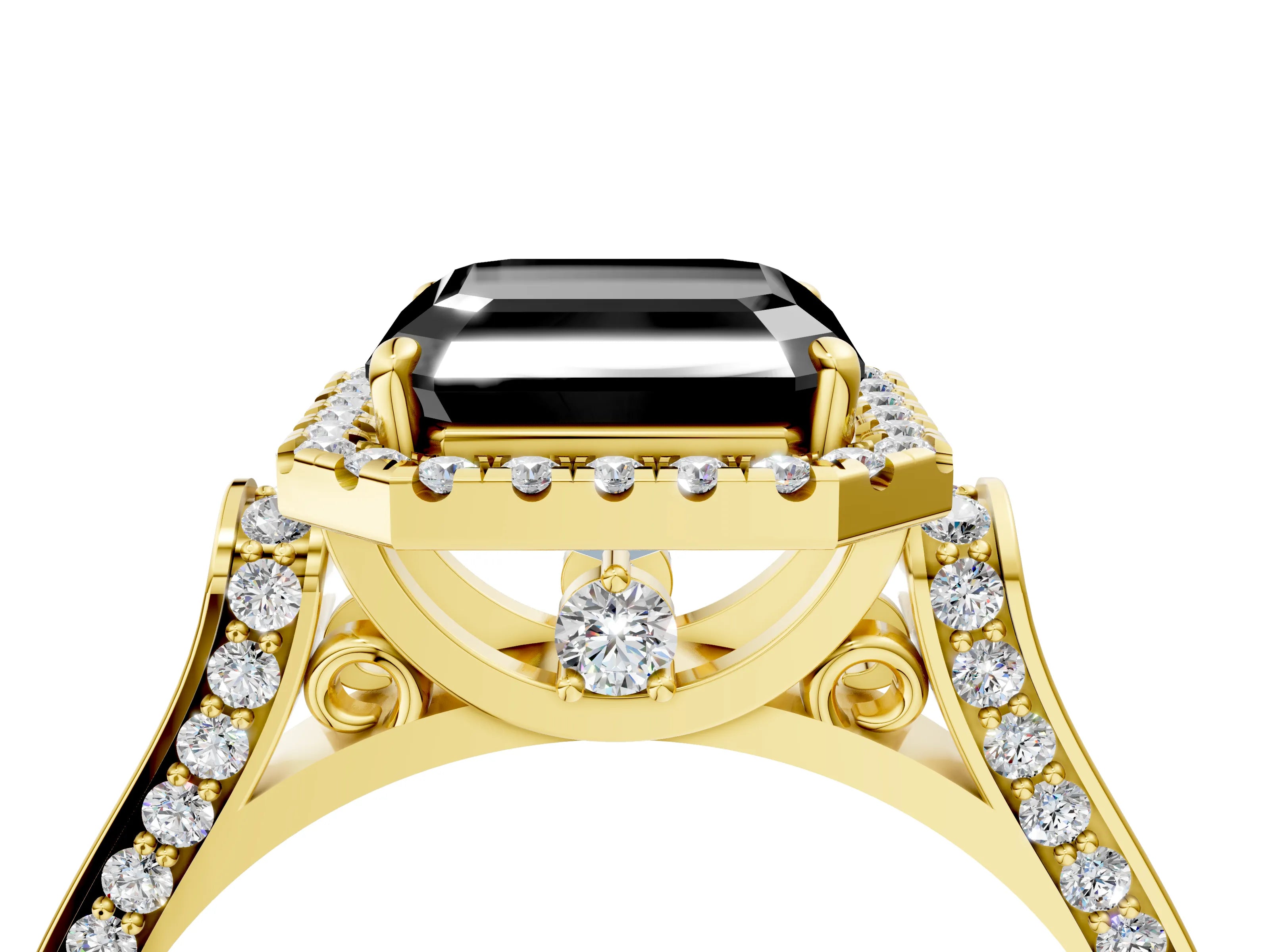 Yellow gold Fancy Black Asscher Cut Halo Round Diamond Twist Band with Four-Prong Setting_4