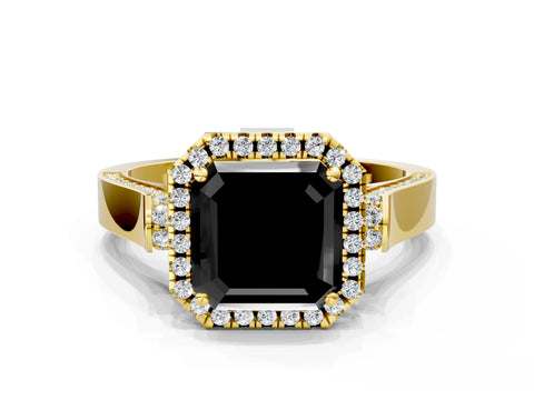 Yellow gold Fancy Black Asscher Cut Halo Round Diamond Twist Band with Four-Prong Setting