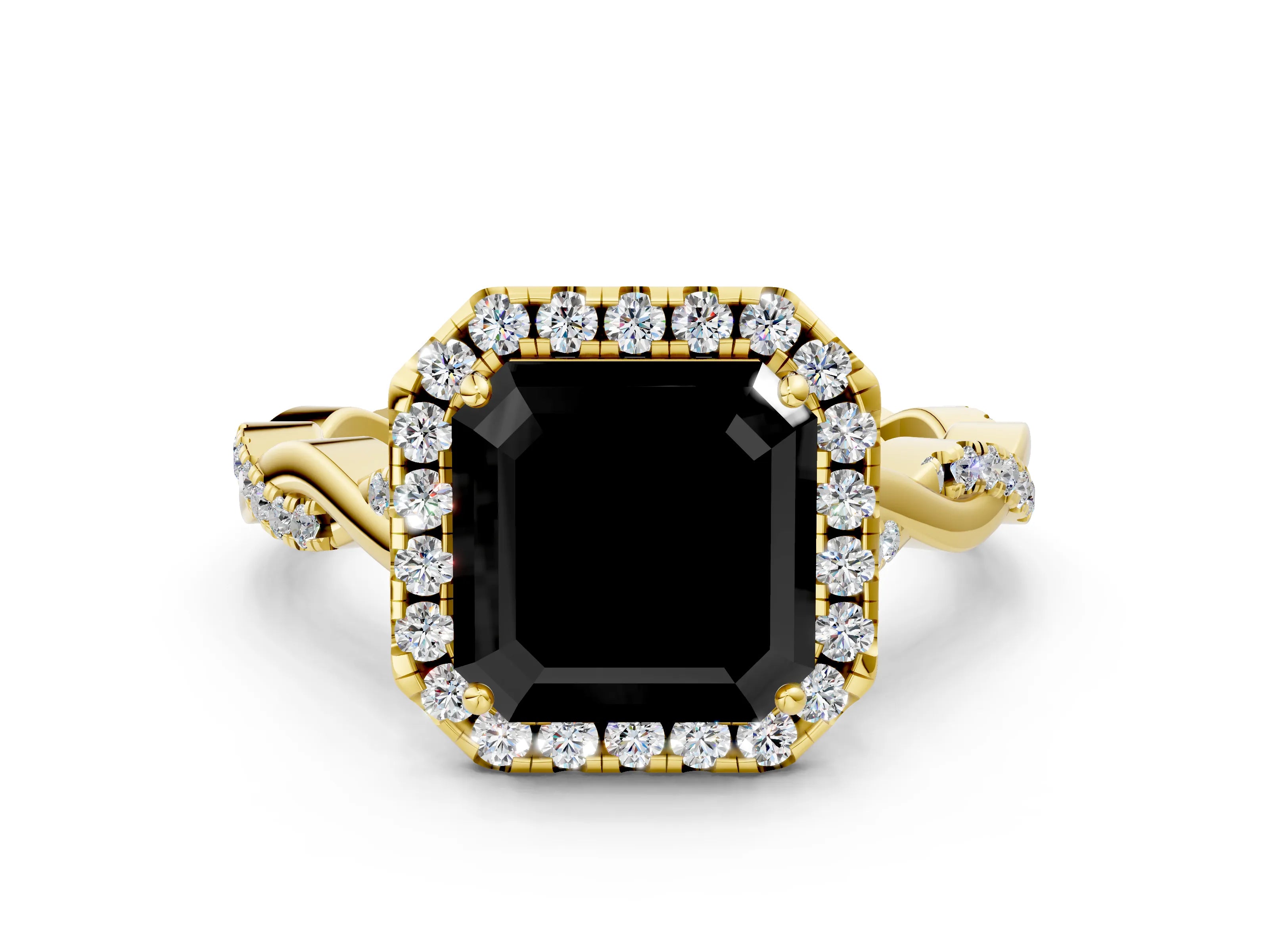 Yellow gold Fancy Black Asscher Cut Halo Twist Band with Four-Prong Setting