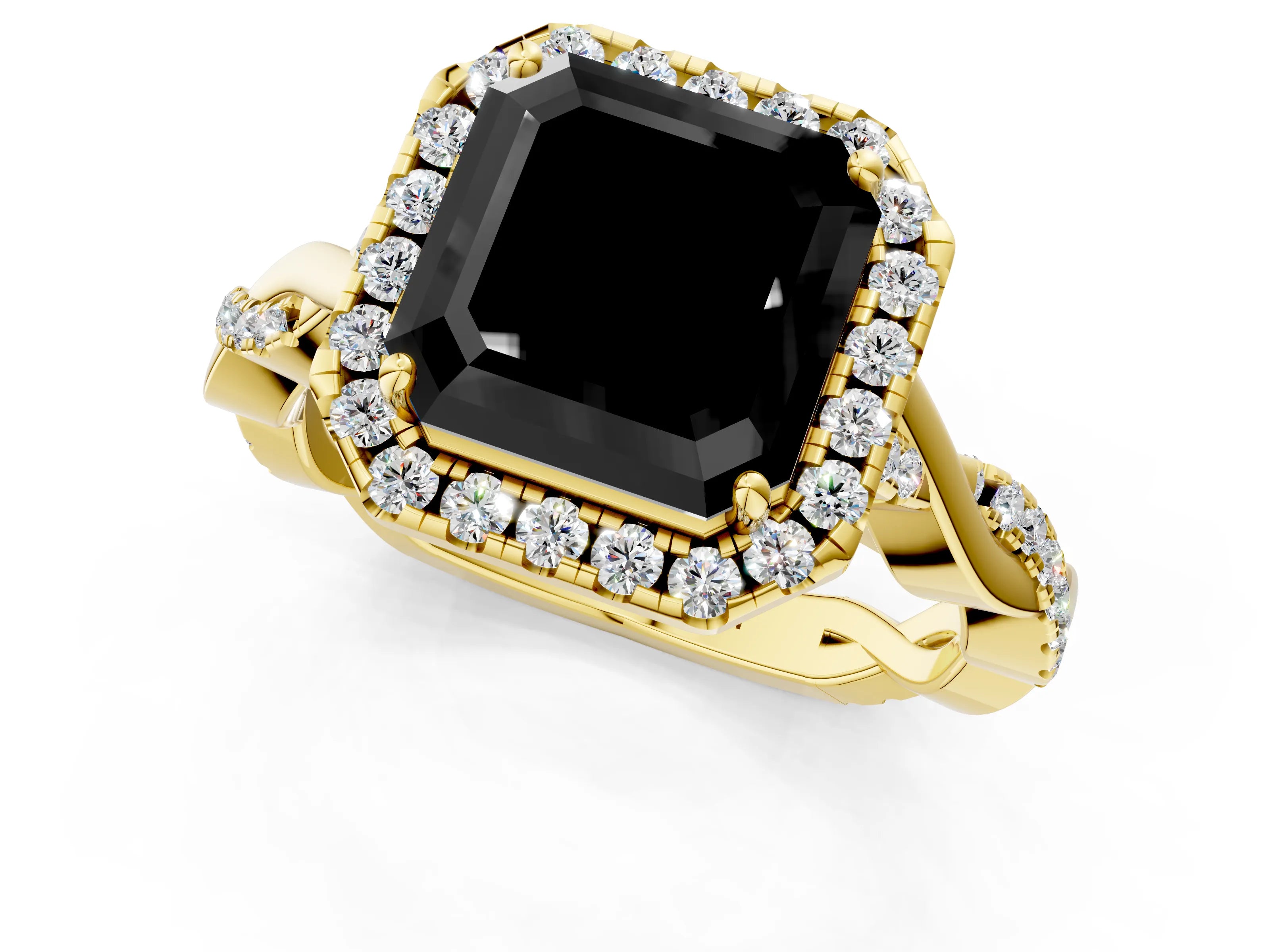 Yellow gold Fancy Black Asscher Cut Halo Twist Band with Four-Prong Setting_1