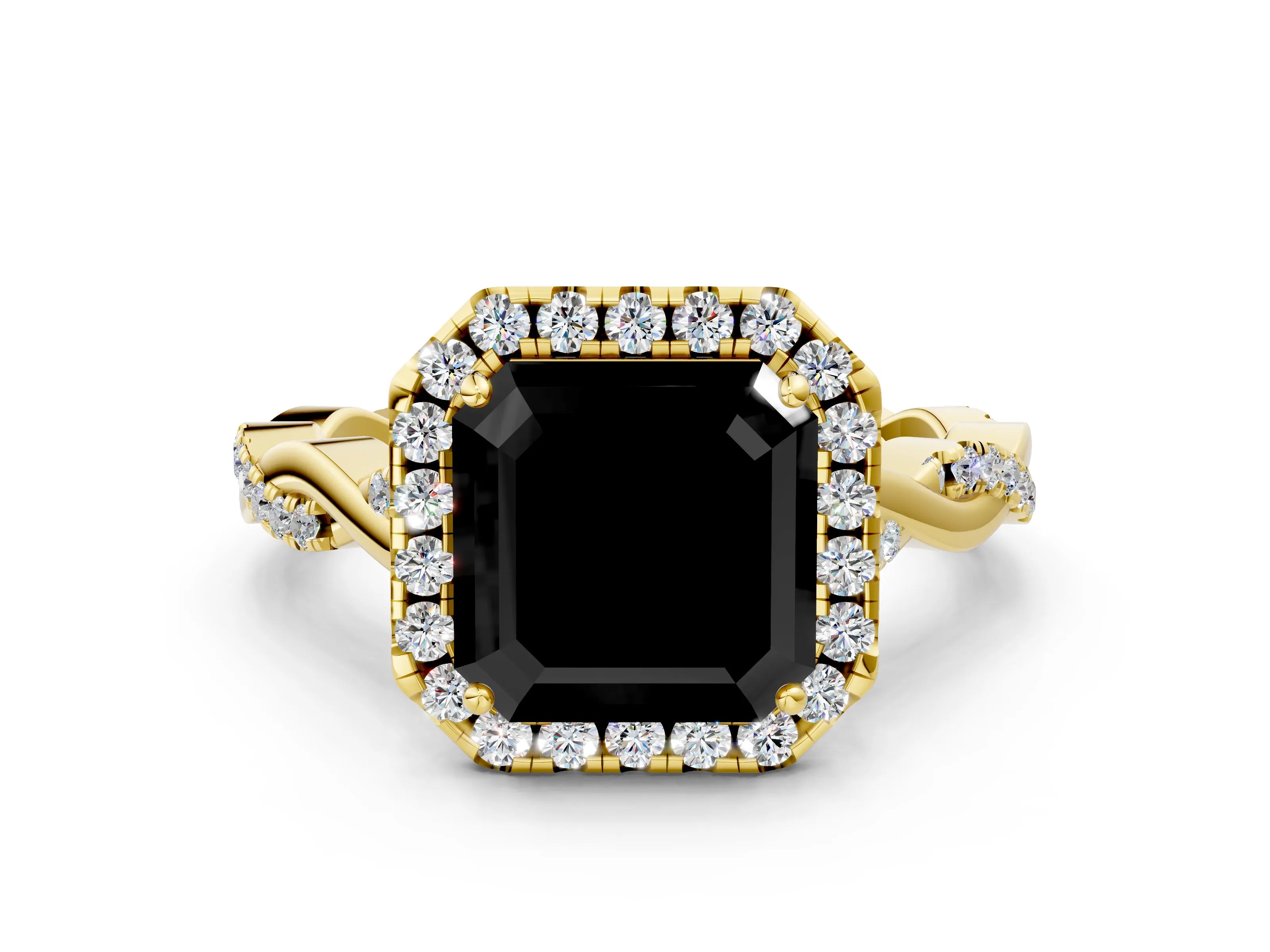 Yellow gold Fancy Black Asscher Cut Halo Twist Band with Four-Prong Setting_12