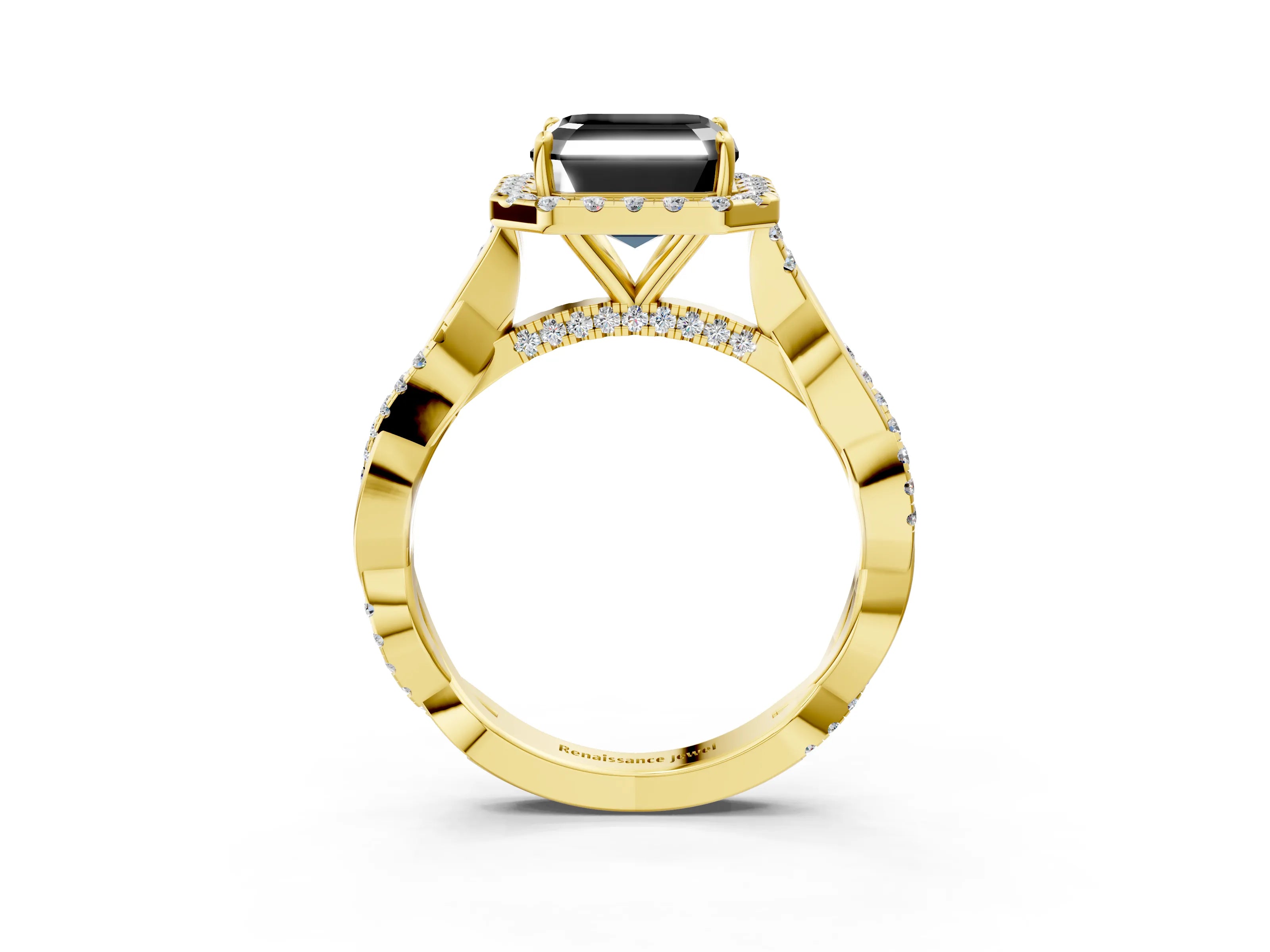 Yellow gold Fancy Black Asscher Cut Halo Twist Band with Four-Prong Setting_15