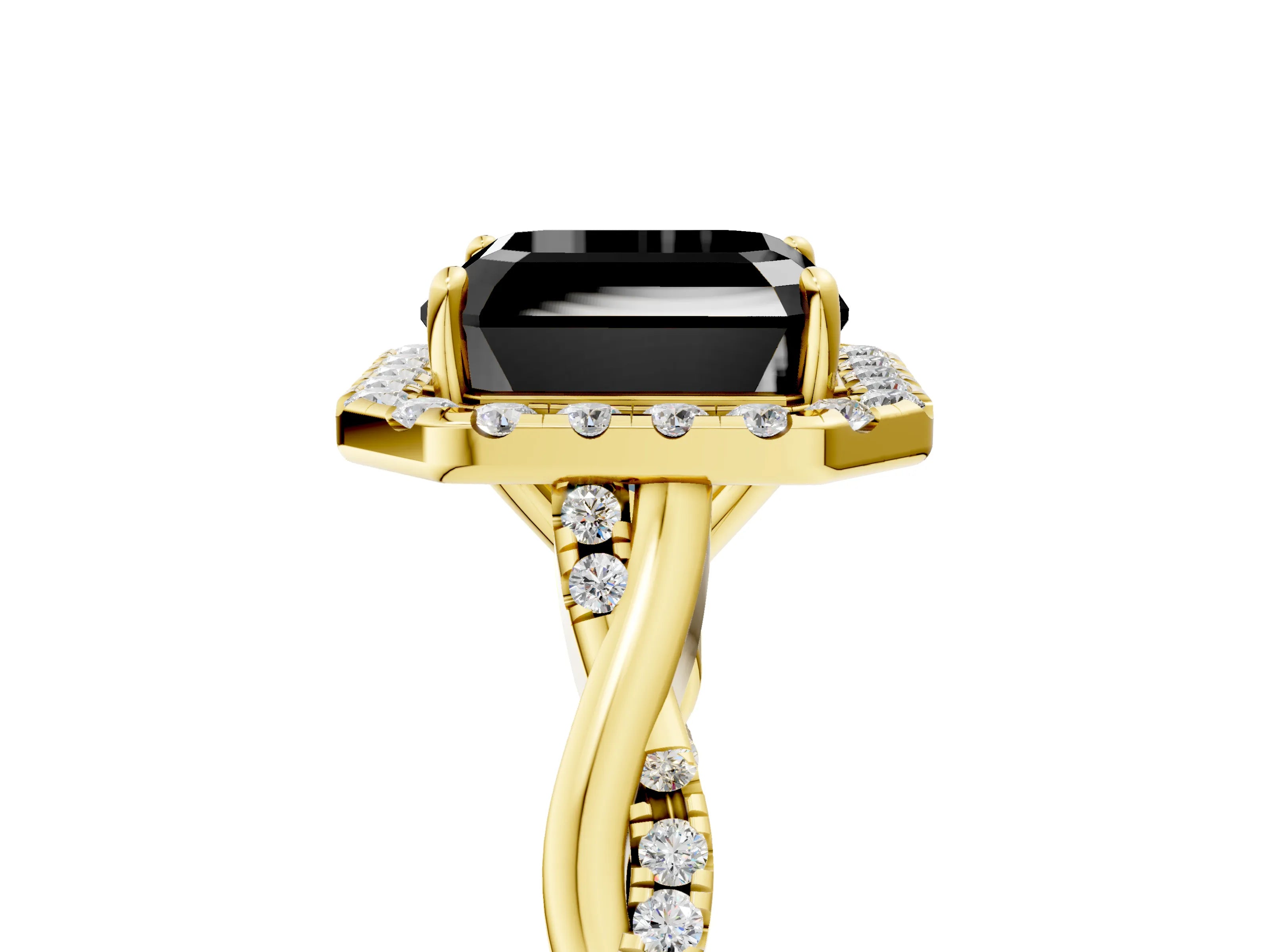 Yellow gold Fancy Black Asscher Cut Halo Twist Band with Four-Prong Setting_5