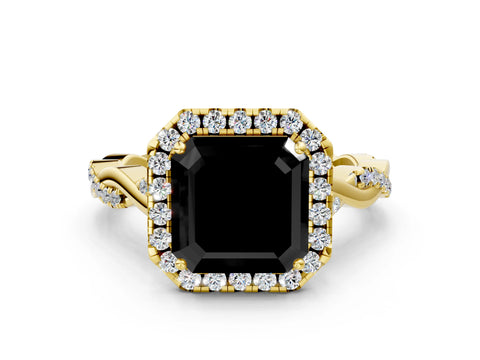 Yellow gold Fancy Black Asscher Cut Halo Twist Band with Four-Prong Setting