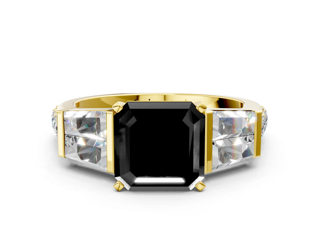 Yellow gold Fancy Black Asscher Cut Solitaire Baguette Side Stone Channel Set Engagement Ring