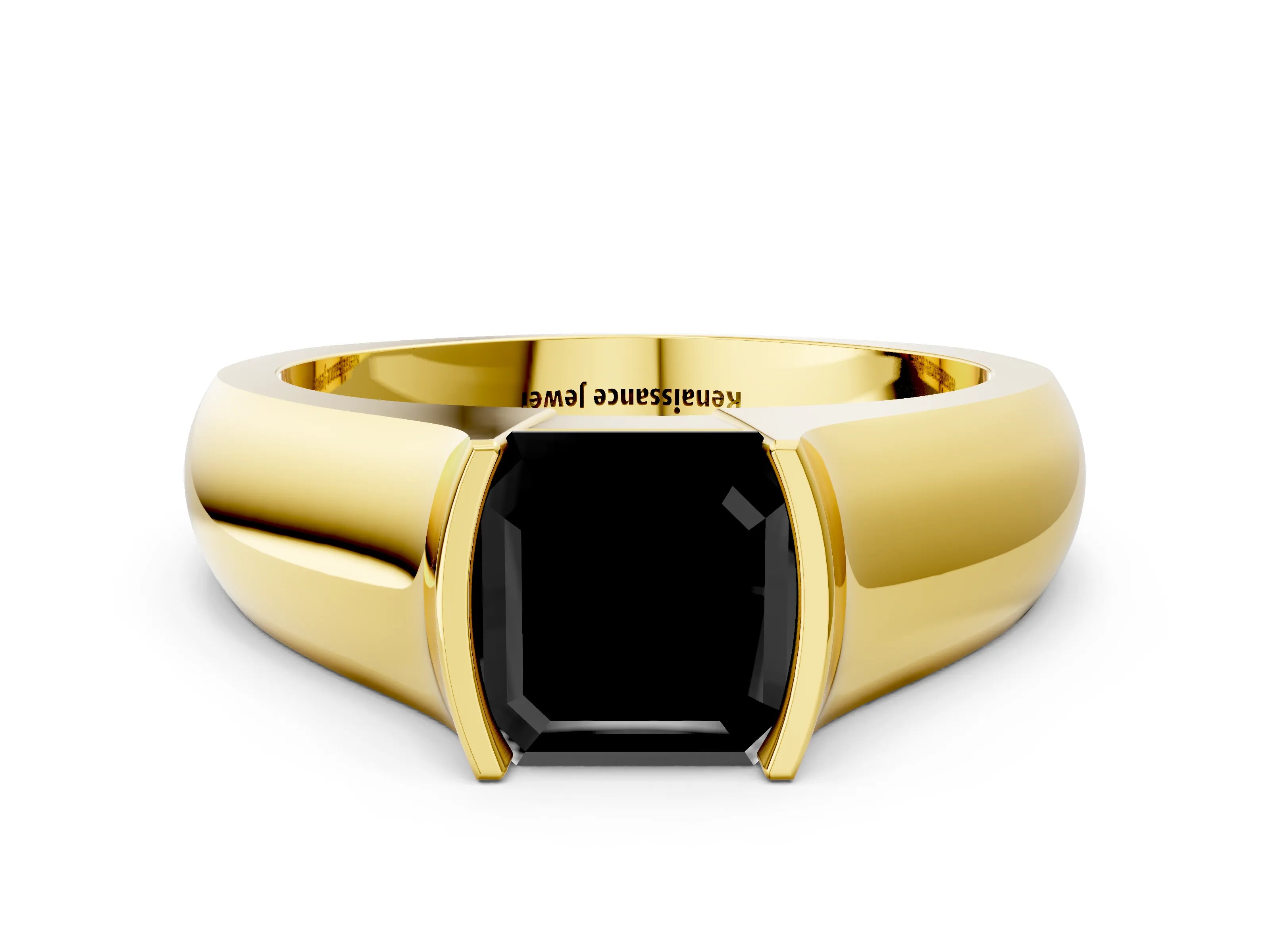 Yellow gold Fancy Black Asscher Cut Solitaire Bezel Set Diamond Ring with Wide Band