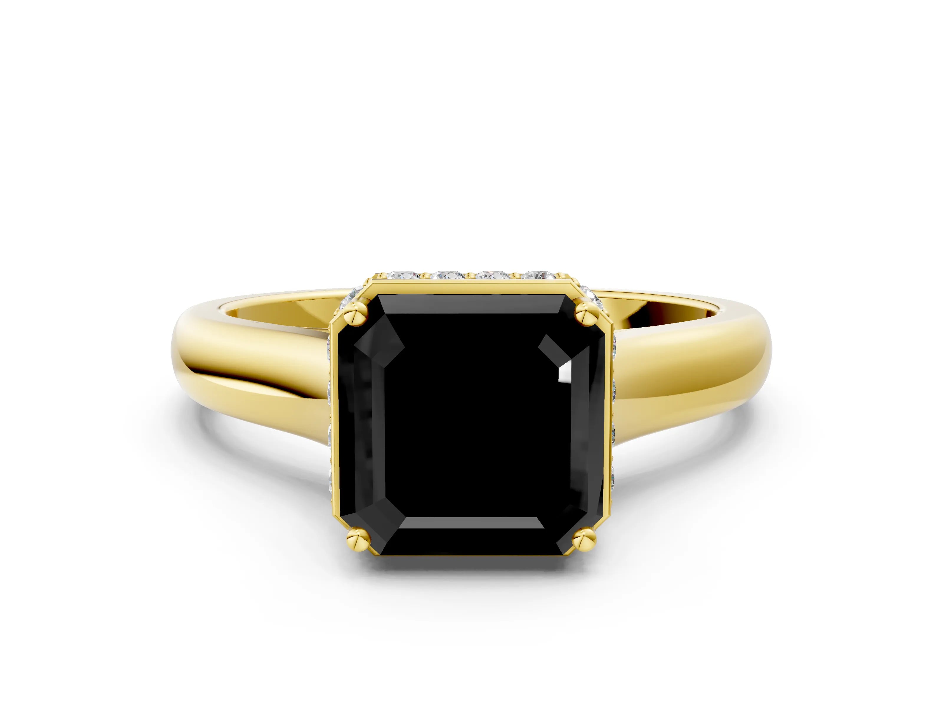 Yellow gold Fancy Black Asscher Cut Solitaire Diamond Engagement Ring with Four-Prong Setting and Tapered Band