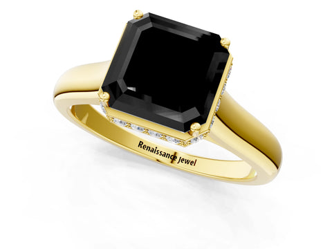 Yellow gold Fancy Black Asscher Cut Solitaire Diamond Engagement Ring with Four-Prong Setting and Tapered Band_1