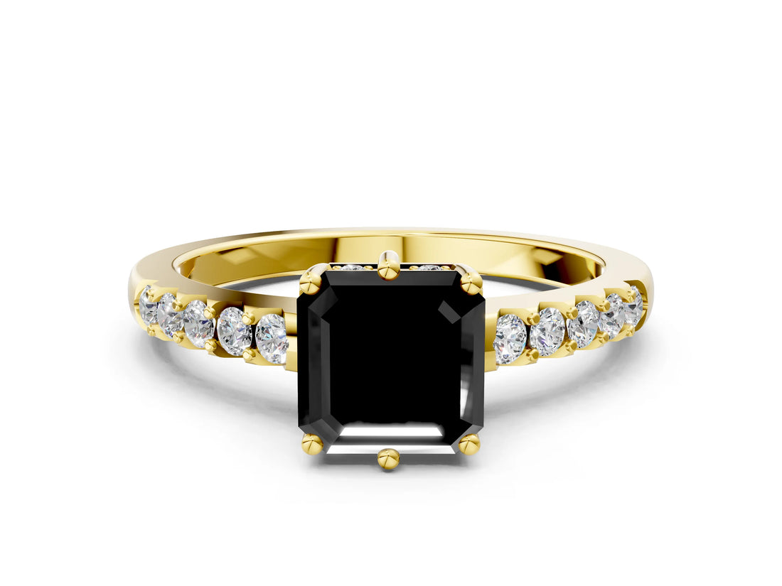 Yellow gold Fancy Black Asscher Cut Solitaire Diamond Engagement Ring with Pavé Band and Six-Prong Setting