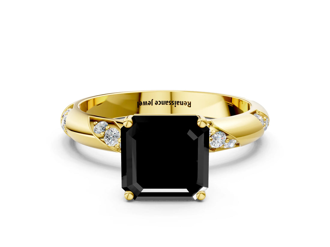 Yellow gold Fancy Black Asscher Cut Solitaire Diamond Engagement Ring with Twisted Pave Band and Four-Prong Setting_3