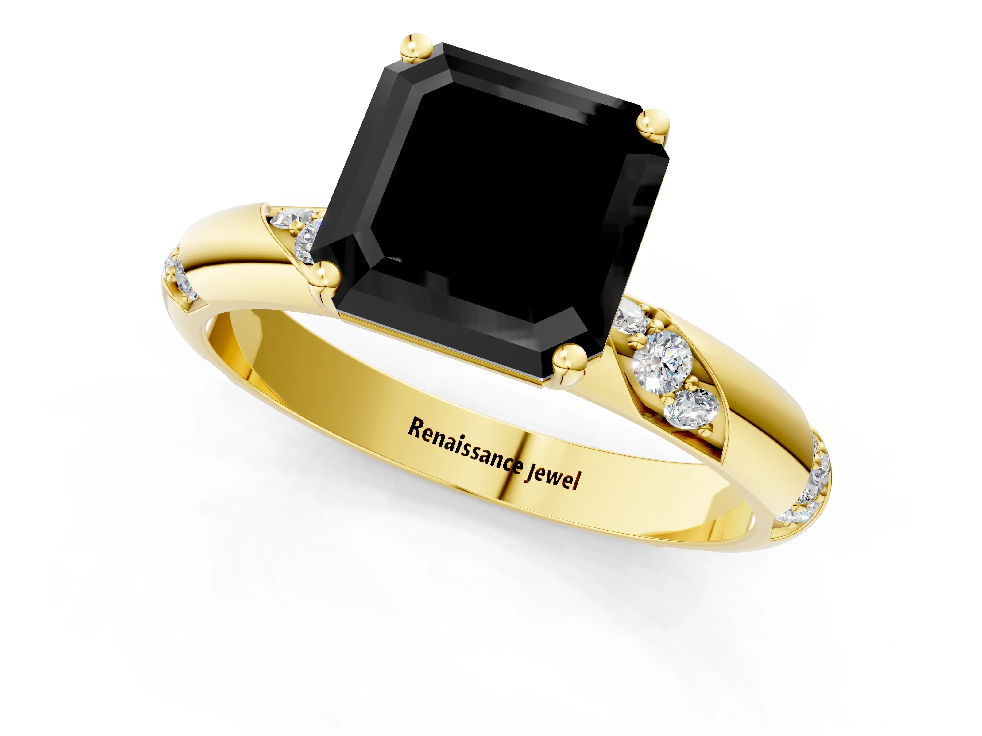 Yellow gold Fancy Black Asscher Cut Solitaire Diamond Engagement Ring with Twisted Pave Band and Four-Prong Setting_4