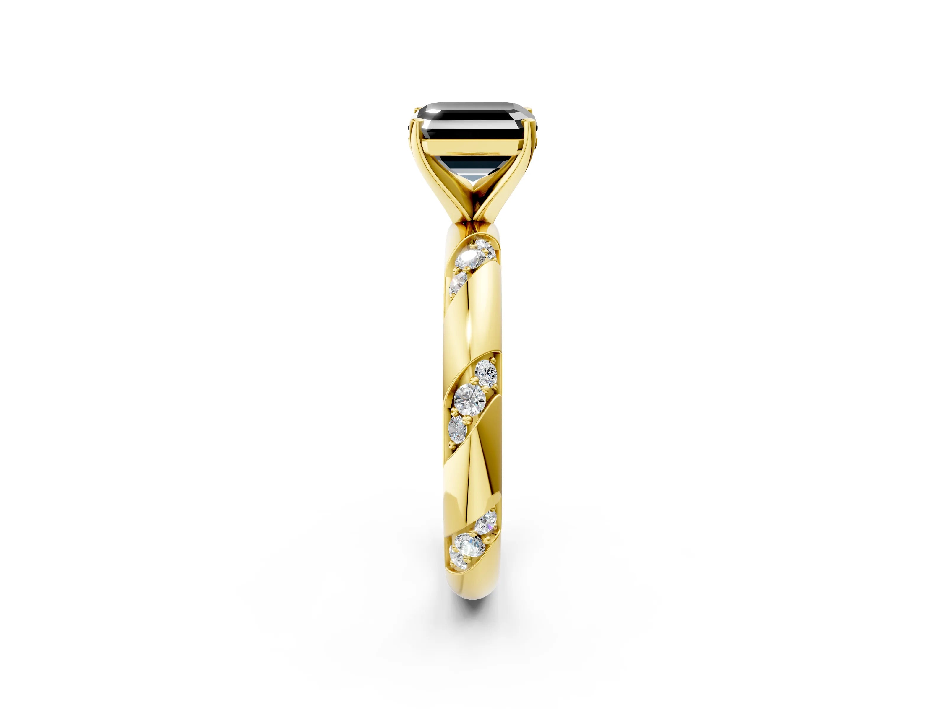 Yellow gold Fancy Black Asscher Cut Solitaire Diamond Engagement Ring with Twisted Pave Band and Four-Prong Setting_5