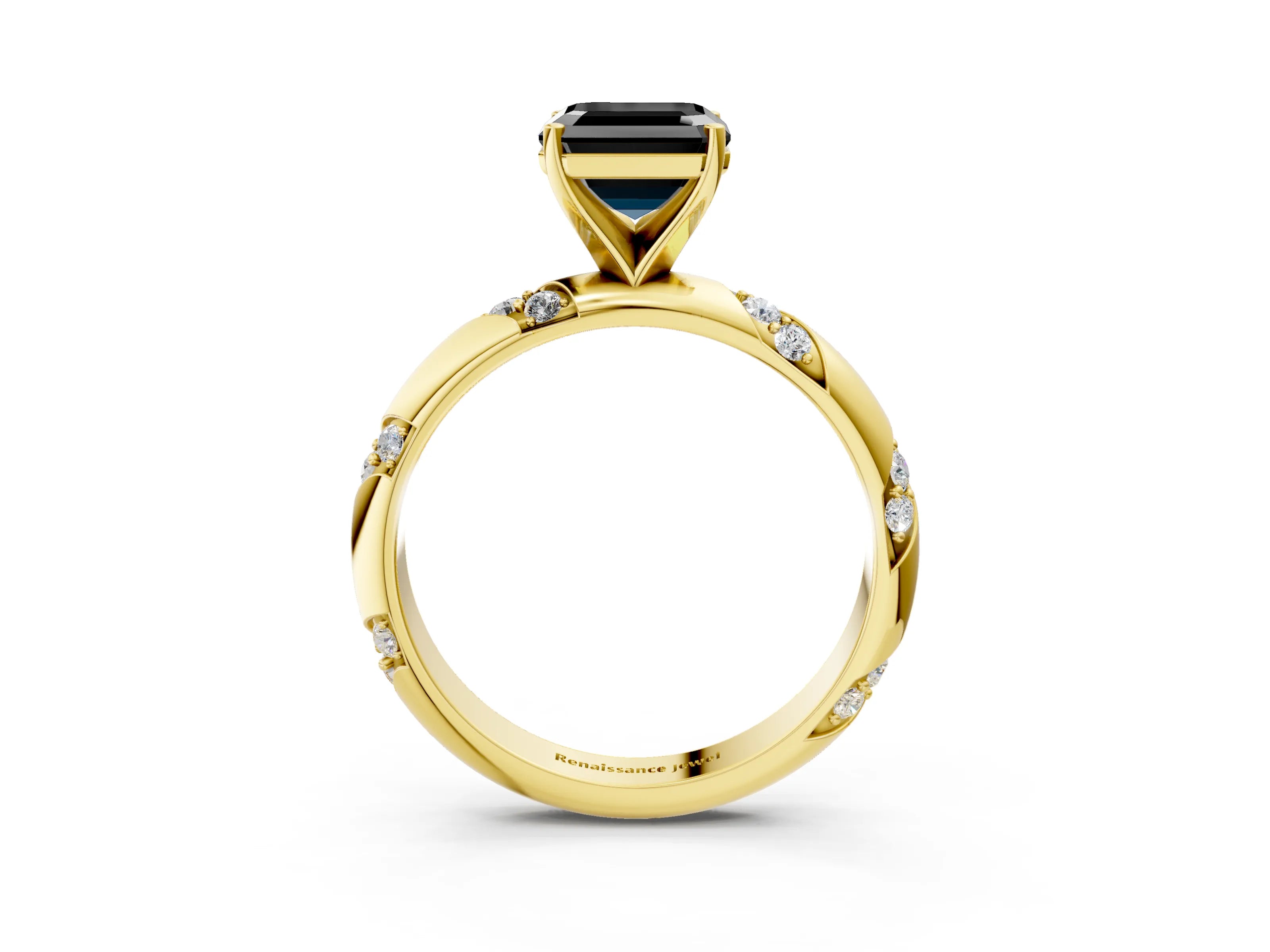 Yellow gold Fancy Black Asscher Cut Solitaire Diamond Engagement Ring with Twisted Pave Band and Four-Prong Setting_6