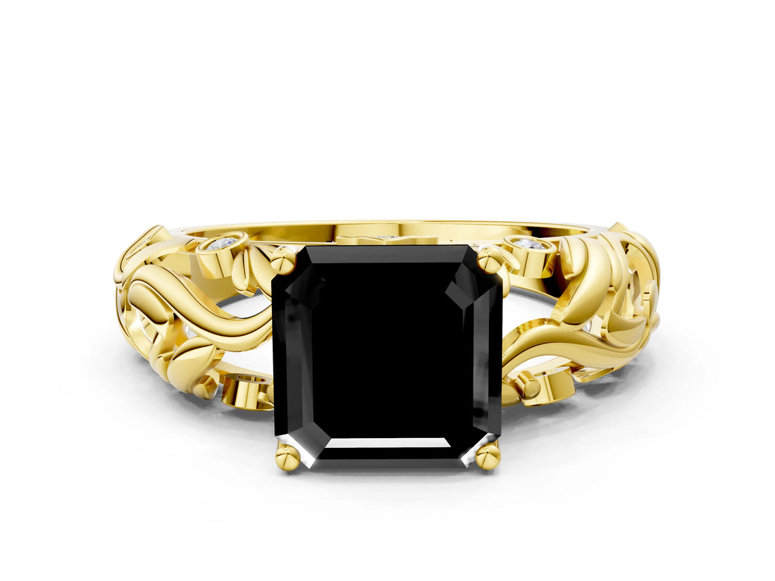 Yellow gold Fancy Black Asscher Cut Solitaire Diamond Leaf-Inspired Vine Band Ring with Prong Setting