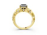 Yellow gold Fancy Black Asscher Cut Solitaire Diamond Leaf-Inspired Vine Band Ring with Prong Setting_3