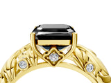 Yellow gold Fancy Black Asscher Cut Solitaire Diamond Leaf-Inspired Vine Band Ring with Prong Setting_4
