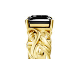 Yellow gold Fancy Black Asscher Cut Solitaire Diamond Leaf-Inspired Vine Band Ring with Prong Setting_5
