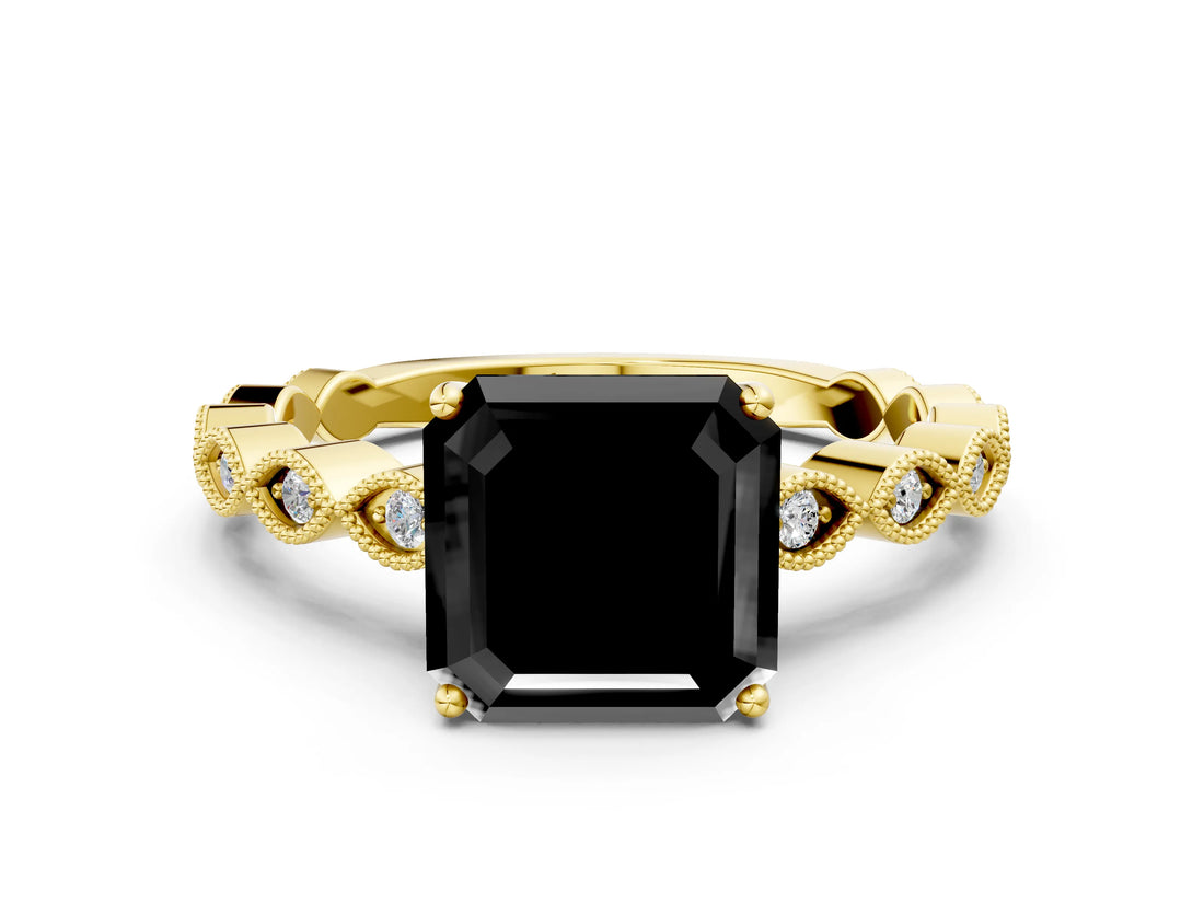 Yellow gold Fancy Black Asscher Cut Solitaire Diamond Ring with Infinity Twist Band and Four-Prong Setting