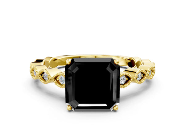 Yellow gold Fancy Black Asscher Cut Solitaire Diamond Ring with Infinity Twist Band and Four-Prong Setting