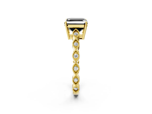 Yellow gold Fancy Black Asscher Cut Solitaire Diamond Ring with Infinity Twist Band and Four-Prong Setting