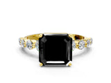 Yellow gold Fancy Black Asscher Cut Solitaire Diamond Ring with Pave Band and Four-Prong Setting