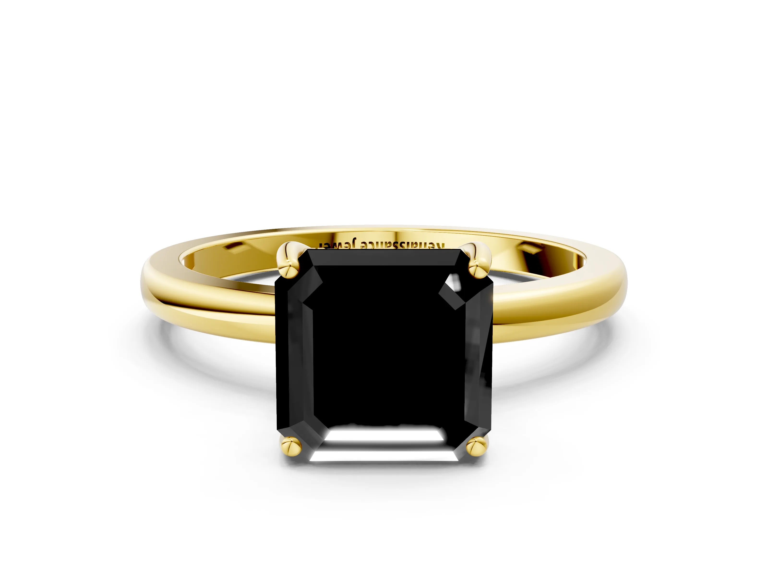 Yellow gold Fancy Black Asscher Cut Solitaire Diamond Ring with Prong Setting and Plain Band