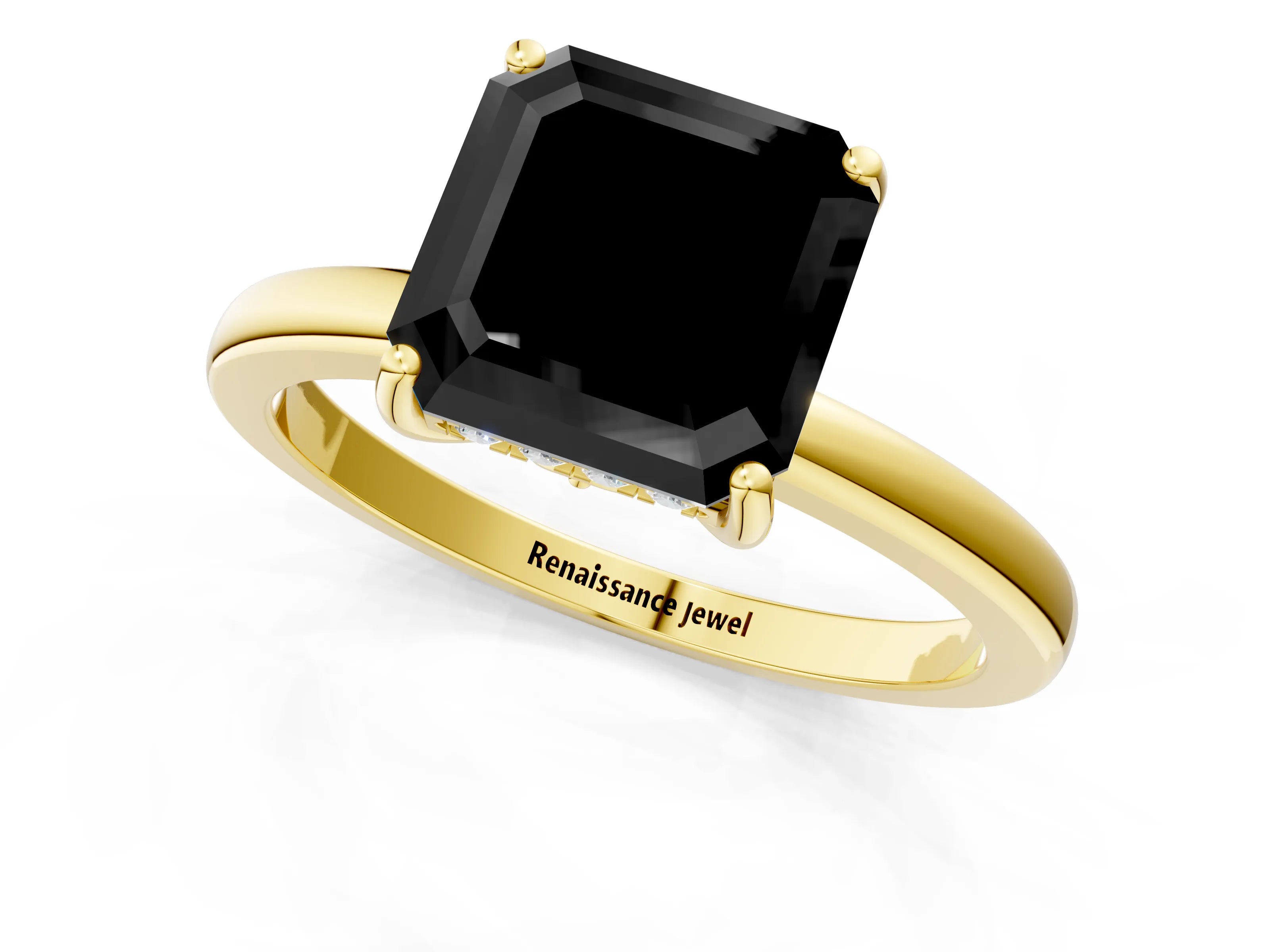 Yellow gold Fancy Black Asscher Cut Solitaire Diamond Ring with Prong Setting and Plain Band_1