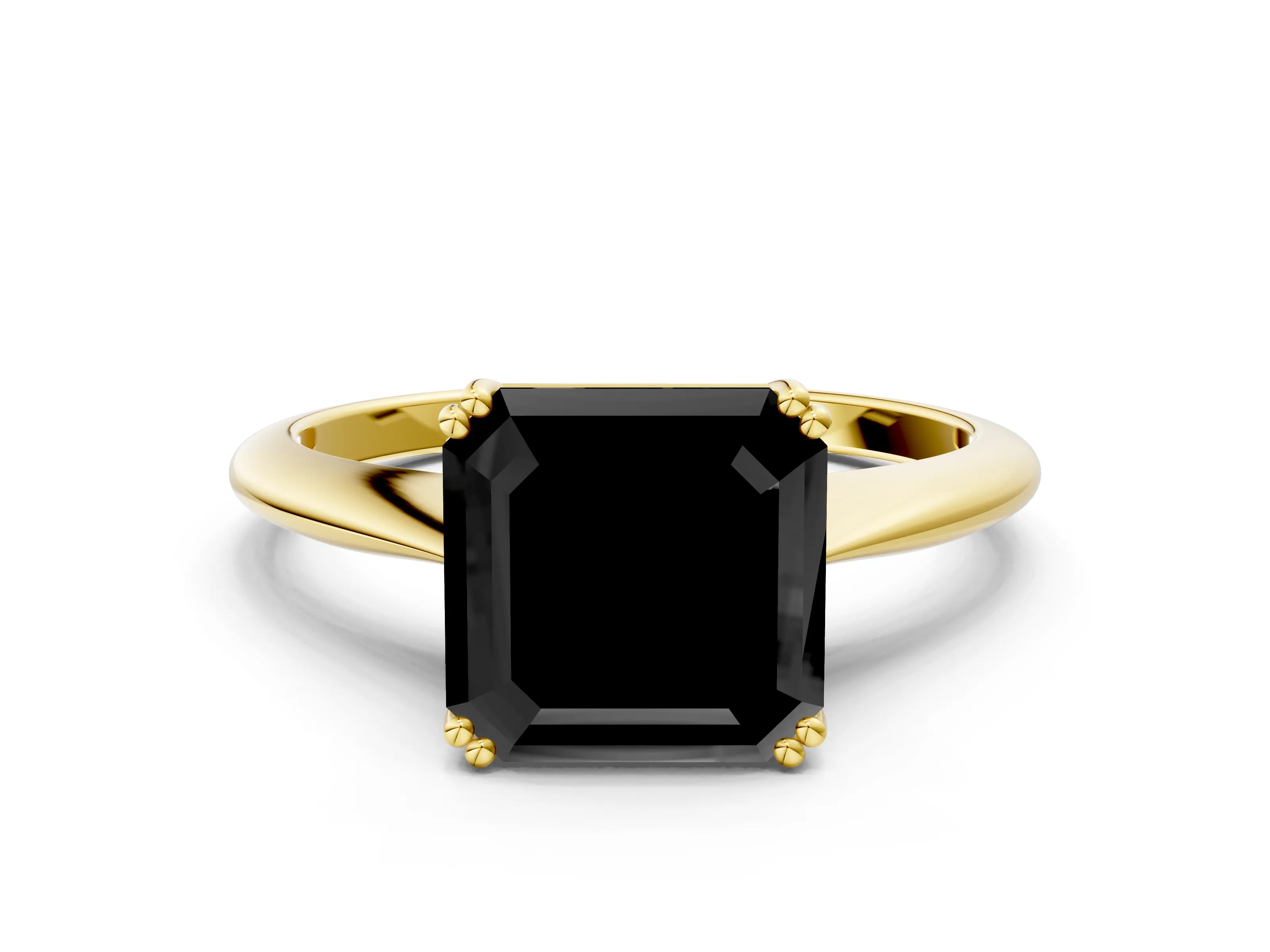 Yellow gold Fancy Black Asscher Cut Solitaire Diamond Ring with Six-Prong Setting and Classic Band