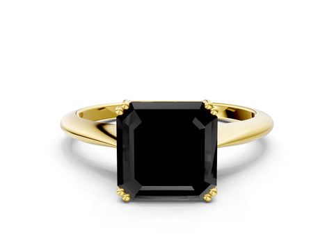 Yellow gold Fancy Black Asscher Cut Solitaire Diamond Ring with Six-Prong Setting and Classic Band